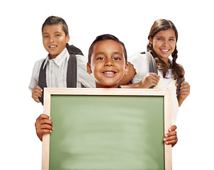 Image showing Hispanic Boys and Girl on White Holding Blank Chalk Board