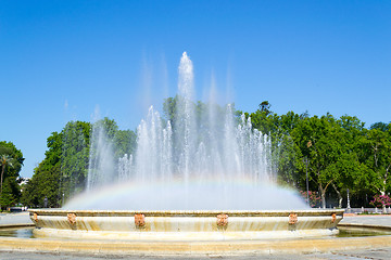 Image showing Rainbow at Spain square fountain