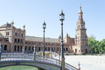 Image showing Bridge, lamp post and tower at Spain square