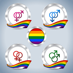 Image showing Metallic badges with gay pride ribbon and symbols