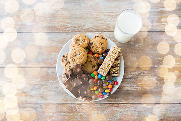 Image showing close up of sweet food and milk glass on table