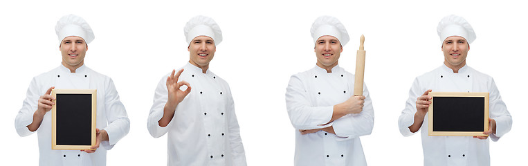 Image showing happy male chef baker with menu board showing ok