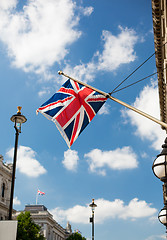 Image showing union jack flag waving on london city street