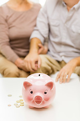 Image showing close up of couple with coins and piggy bank