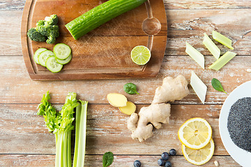 Image showing close up of super food ingredients on wooden table