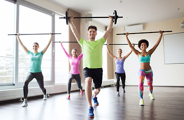 Image showing group of people exercising with bars in gym