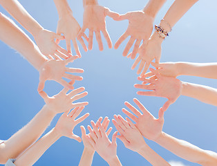 Image showing many hands over blue sky background