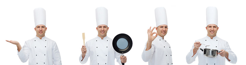Image showing happy male chef with kitchen utensils showing ok