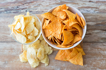 Image showing close up of potato crisps and corn nachos on table