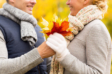 Image showing smiling couple with maple leaves in autumn park