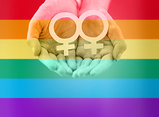 Image showing close up of lesbian couple hands with venus symbol