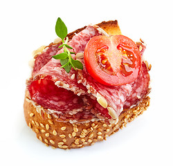 Image showing toasted bread with salami and tomato