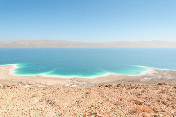 Image showing Exotic landscape Dead Sea shoreline aerial view with mountains