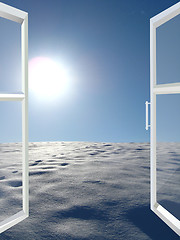 Image showing opened window to winter solar landscape