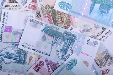 Image showing Russian money background. Rubles banknotes closeup texture
