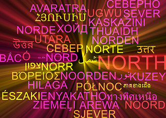 Image showing North multilanguage wordcloud background concept glowing