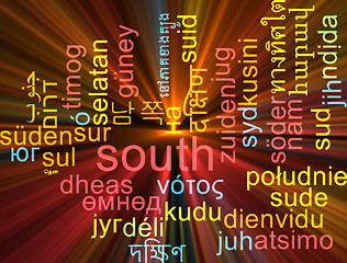 Image showing South multilanguage wordcloud background concept glowing