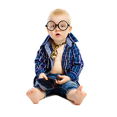 Image showing little boy in a tie and glasses on a white background