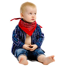 Image showing Little boy in gangster kerchief around his neck on a white