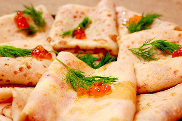Image showing pancakes with red caviar and fennel