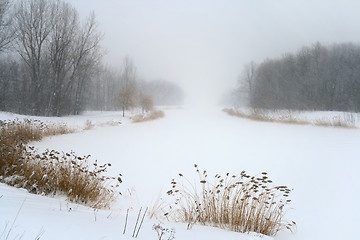 Image showing Lake in misty haze of winter blizzard