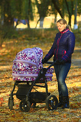 Image showing woman with baby in perambulator in the park