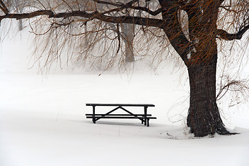 Image showing Picnic table in snow under a winter tree