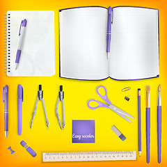 Image showing Set of Colored school supplies background. EPS 10