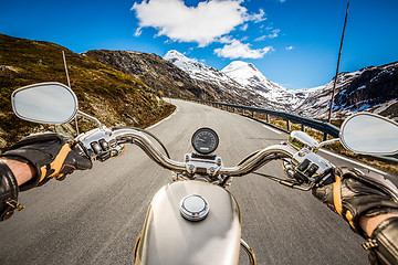 Image showing Biker First-person view, mountain serpentine.