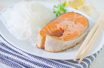 Image showing salmon with rice noodles