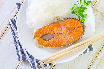 Image showing salmon with rice noodles