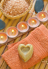 Image showing sea salt, soap and candles