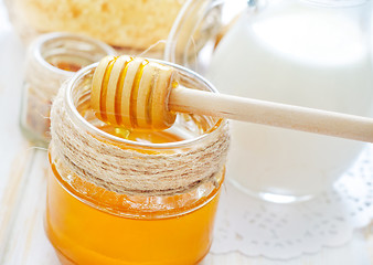 Image showing honey,bread and milk