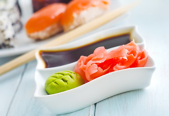 Image showing ginger, vasabi and soy sauce in white bowl