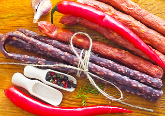 Image showing sausages on the wooden table with aroma spice