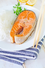 Image showing salmon with rice noodles