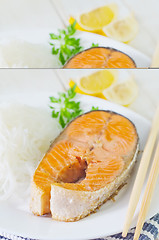 Image showing salmon with rice noodles