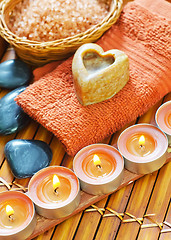 Image showing sea salt, soap and candles