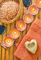 Image showing sea salt, soap and candles