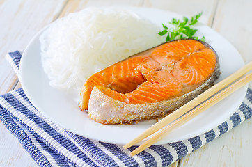 Image showing salmon with rice noodles