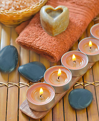 Image showing sea salt, soap and candles