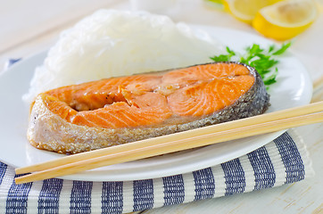 Image showing salmon with rice noodles