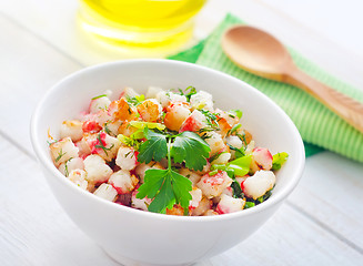 Image showing Fresh salad with greens and seafood