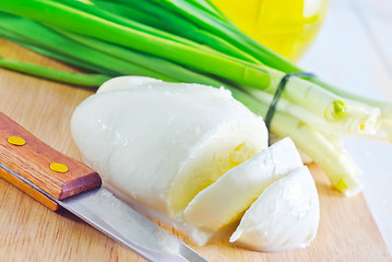 Image showing fresh mozzarella on the wooden board