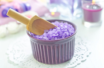 Image showing sea salt, soap and candle