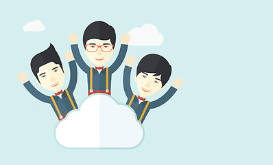 Image showing Three happy chinese businessmen on the cloud