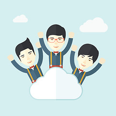 Image showing Three happy chinese businessmen on the cloud