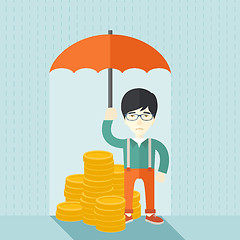 Image showing Chinese businessman with umbrella as protection for his investment.