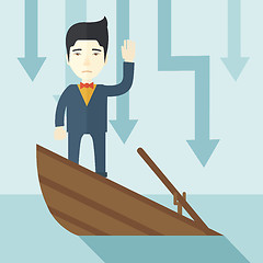 Image showing Failure chinese businessman standing on a sinking boat.