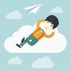 Image showing Asian man lying on a cloud with paper plane.